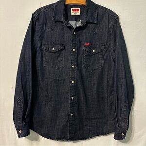 Wrangler Denim Shirt Dark Wash Snap Front Mens Size Medium Western Cowboy L/S